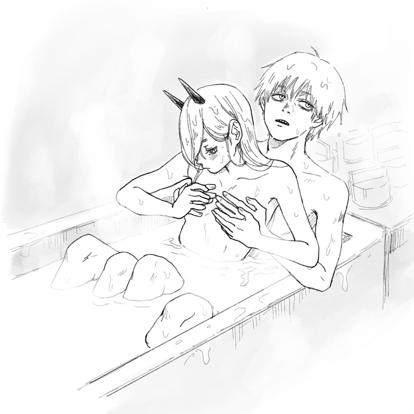 1boy 1girl bathtub breasts chainsaw_man commentary_request denji_(chainsaw_man) grabbing grabbing_another's_breast grabbing_from_behind greyscale guided_breast_grab guiding_hand hair_over_one_eye hetero heureoreo highres horns korean_commentary mixed-sex_bathing monochrome power_(chainsaw_man) shared_bathing sharp_teeth small_breasts steam teeth wet