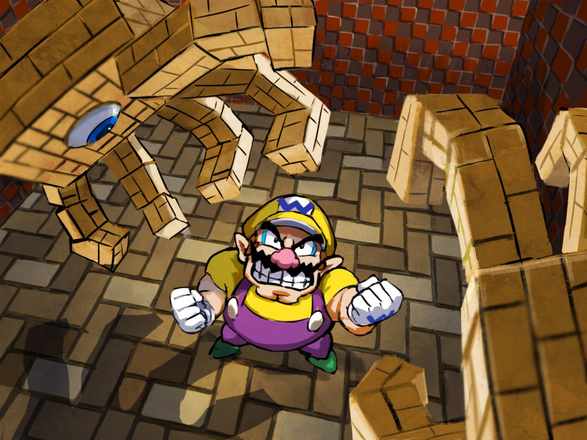 1boy clenched_hands clenched_teeth eyeball facial_hair from_above gloves green_footwear highres looking_up mario_(series) mustache overalls pointy_ears purple_overalls shirt super_mario_64_ds teeth thick_eyebrows wario white_gloves ya_mari_6363 yellow_headwear yellow_shirt