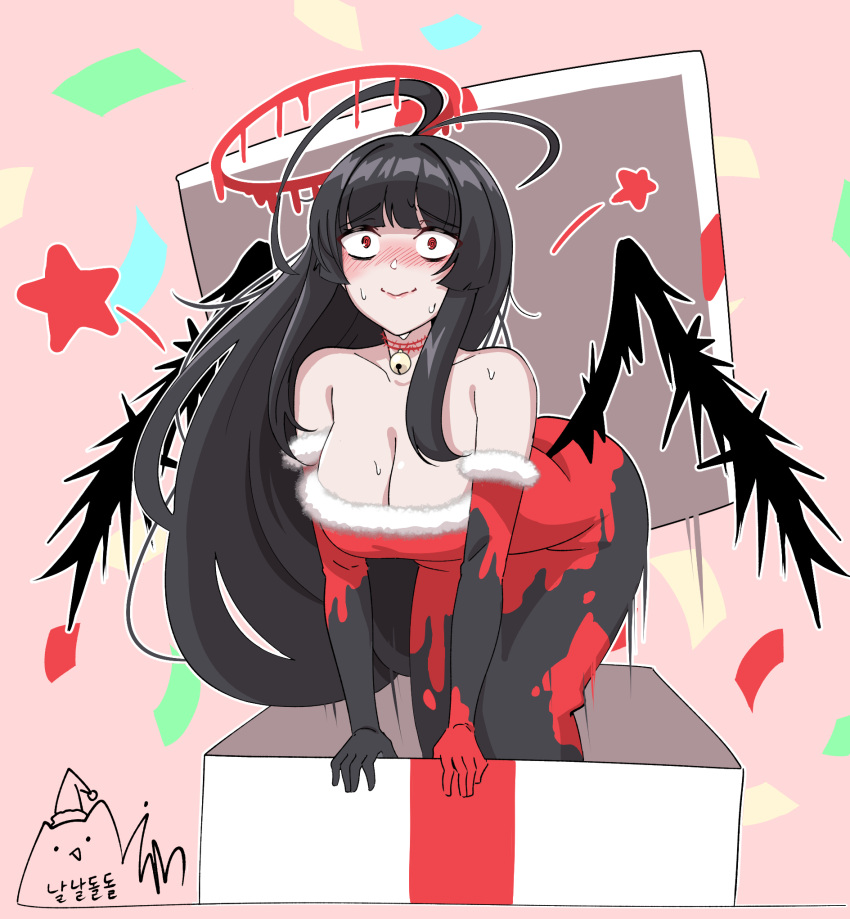 1girl 3: alternate_costume antenna_hair arm_support bare_shoulders bell bent_over black_hair black_wings blue_archive blunt_bangs blush box breasts choker cleavage collarbone commentary_request dress elbow_gloves embarrassed gift gift_box gloves halo highres in_box in_container long_hair looking_at_viewer majinmallow neck_bell nervous_sweating red_choker red_eyes sidelocks simple_background sleeveless sleeveless_dress solo strapless strapless_dress surprised sweat tsurugi_(blue_archive) two-tone_dress wavy_mouth wings