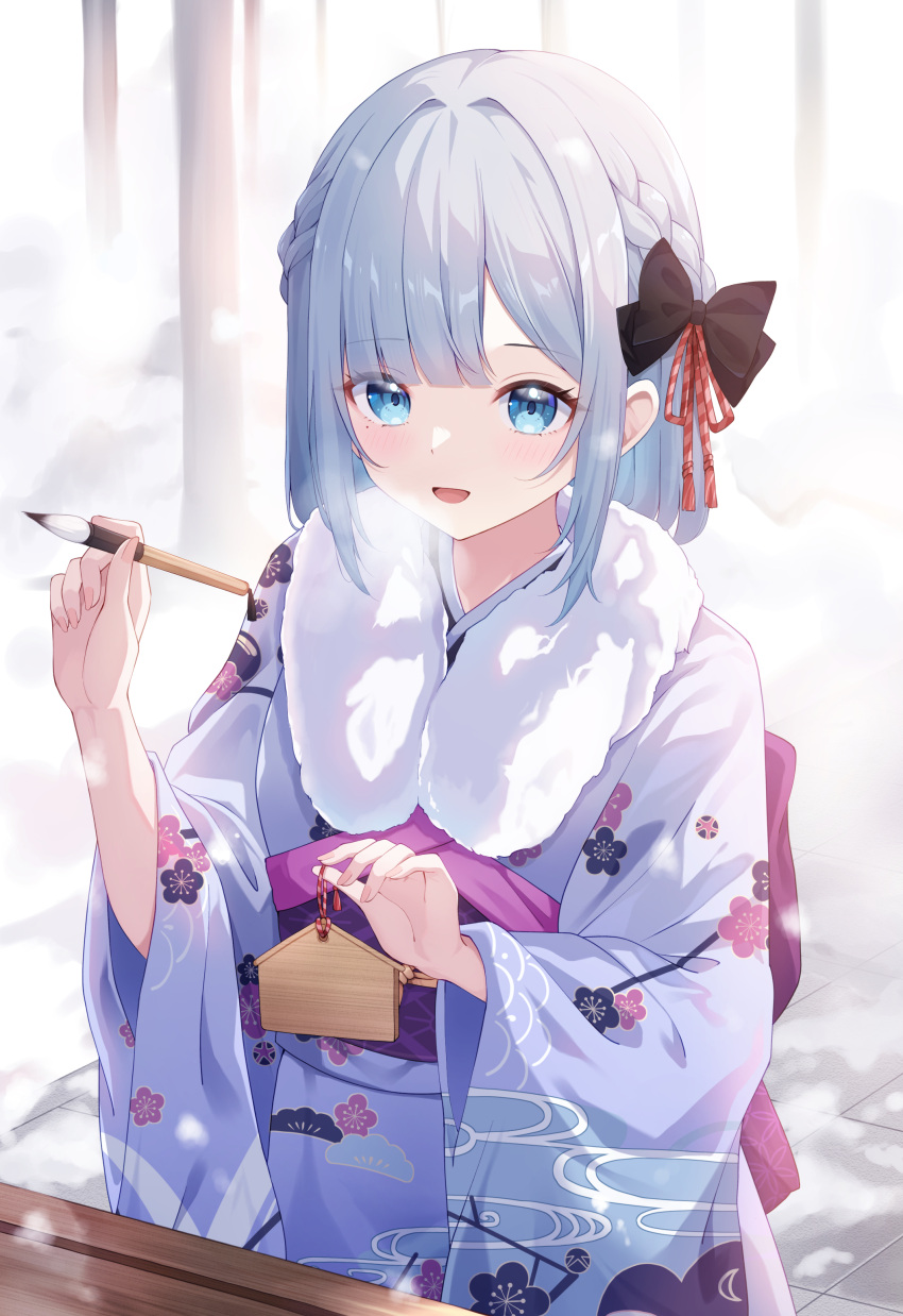 1girl absurdres black_bow blue_eyes bow braid breath floral_print french_braid fur_scarf grey_hair grey_kimono hair_bow highres holding holding_paintbrush japanese_clothes kaga_sumire kimono looking_at_viewer medium_hair new_year obi open_mouth paintbrush pink_bow purple_sash sash shinshia_(sinsia_0928) smile solo virtual_youtuber vspo! wide_sleeves