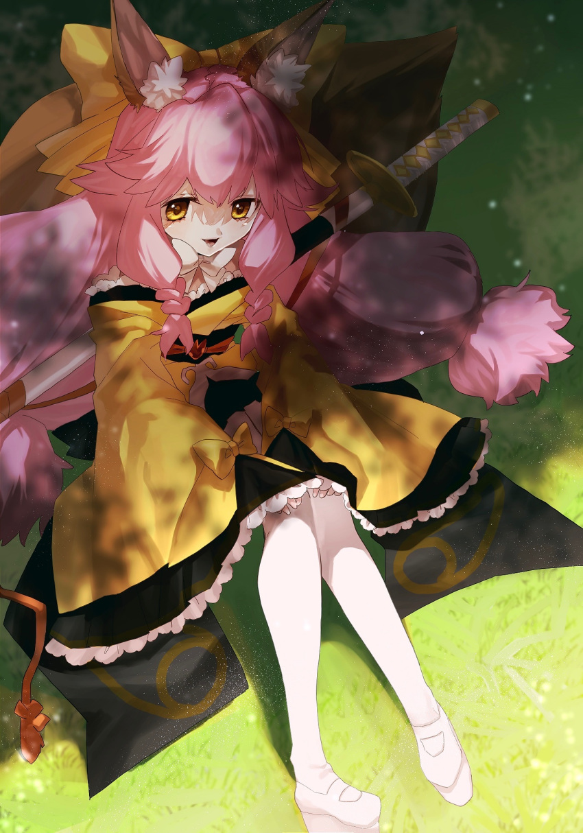 1girl animal_ear_fluff animal_ears bow fate/samurai_remnant fate_(series) fox_ears fox_girl fox_tail highres japanese_clothes kimono long_hair looking_at_viewer mat_44_tam open_mouth outdoors pantyhose pink_hair platform_footwear shade sitting sleeves_past_fingers sleeves_past_wrists smile solo sunlight sword sword_on_back tail tamamo_(fate) tamamo_aria_(fate) weapon weapon_on_back white_footwear white_pantyhose yellow_bow yellow_kimono