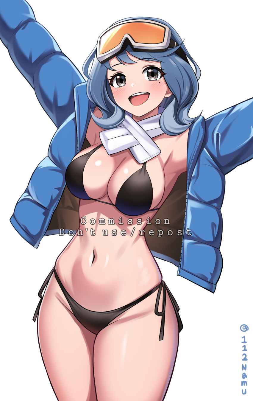 1girl arms_up bikini black_eyes black_jacket blue_archive blue_hair blue_jacket breasts cleavage coat commission cosplay eimi_(blue_archive) eimi_(blue_archive)_(cosplay) eimi_(swimsuit)_(blue_archive) goggles goggles_on_head highres jacket large_breasts medium_hair namu_(112namu) original outstretched_arms pixiv_commission scarf side-tie_bikini_bottom simple_background ski_goggles solo swimsuit twitter_username white_background white_scarf winter_clothes winter_coat