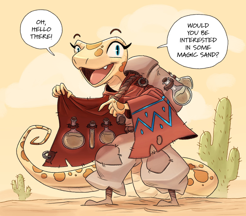 anthro backpack bottle cactus clothed clothing container cute_fangs desert drew_(artist) english_text female hi_res jar lizard merchant open_mouth patch_(fabric) patched_clothing plant reptile sand scales scalie seam_(sewing) solo speech_bubble spots text vial