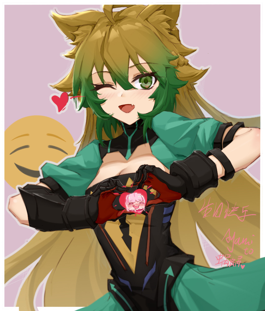 1girl ;d atalanta_(fate) ayami_(user_gywv2483) black_gloves blonde_hair blush border breasts cleavage_cutout clothing_cutout dress fang fate/grand_order fate_(series) gloves gradient_hair green_dress green_eyes green_hair hair_between_eyes heart heart_hands highres light_blush looking_at_viewer medium_breasts multicolored_hair one_eye_closed open_mouth pink_background red_gloves simple_background skin_fang smile solo two-tone_gloves white_border