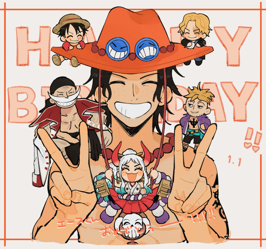 0goodiiy 1girl 5boys bandana bead_necklace beads beard_stubble black_hair blonde_hair blush burn_scar chibi closed_eyes cowboy_hat cropped_torso demon_horns double_v edward_newgate freckles full_body happy_birthday hat highres horns japanese_clothes jewelry long_hair marco_(one_piece) monkey_d._luffy multicolored_hair multiple_boys necklace old old_man one_piece portgas_d._ace sabo_(one_piece) scar scar_across_eye scar_on_cheek scar_on_chest scar_on_face shoulder_tattoo simple_background sitting_on_shoulder smile straight-on straw_hat tattoo teeth thick_mustache topless_male translation_request two-tone_hair v white_background yamato_(one_piece)