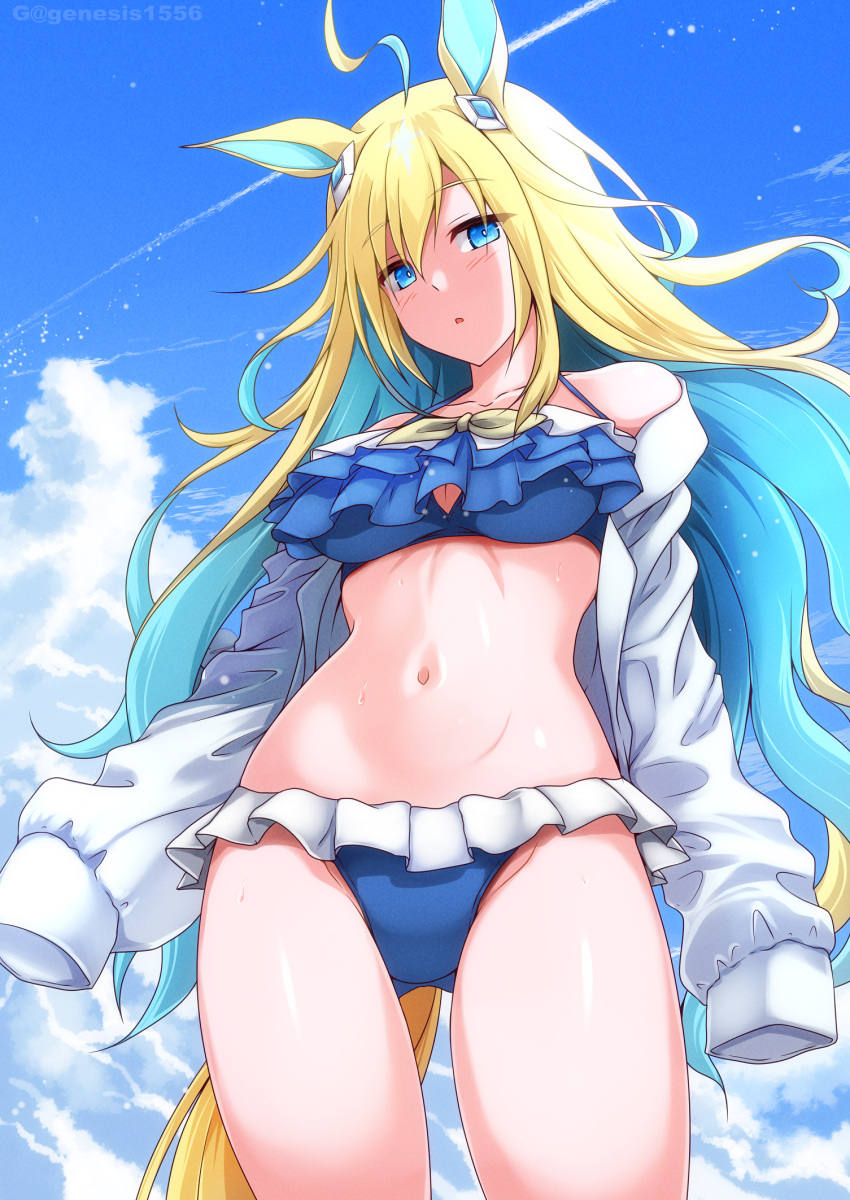 1girl animal_ears bikini blonde_hair blue_eyes blush breasts cleavage cloud commentary_request commission frilled_bikini frills g_(genesis1556) hair_between_eyes hair_ornament highres horse_ears horse_girl jacket looking_at_viewer medium_breasts multicolored_hair navel neo_universe_(umamusume) open_mouth pixiv_commission sky solo swimsuit two-tone_hair umamusume