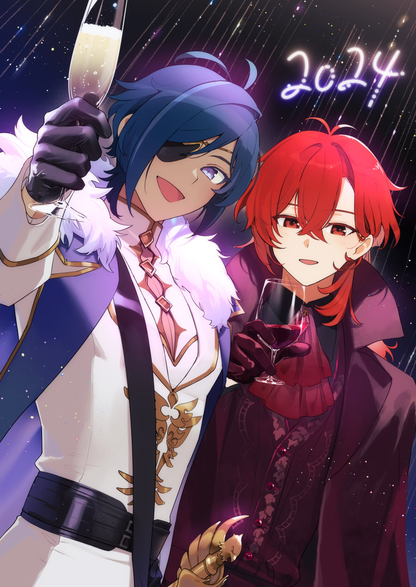 2024 2boys absurdres ascot black_gloves blue_eyes blue_hair champagne_flute crossed_bangs cup dark-skinned_male dark_skin diluc_(genshin_impact) drinking_glass eyepatch genshin_impact gloves highres holding holding_cup jacket kaeya_(genshin_impact) looking_at_viewer male_focus multiple_boys new_year open_mouth red_ascot red_eyes red_gloves red_hair sabi11riw wine_glass