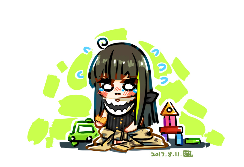 1girl black_hair black_leotard blush blush_stickers chibi chinese_commentary clothes_around_waist commentary_request cookie crumbs dated flying_sweatdrops food food_bite full_body girls'_frontline green_hair holding holding_cookie holding_food jacket jacket_around_waist leotard long_hair looking_down m4a1_(girls'_frontline) mask multicolored_hair o_o parted_lips seiza simple_background sitting skull_mask solo streaked_hair su_xiao_jei tears toy_block toy_car white_background