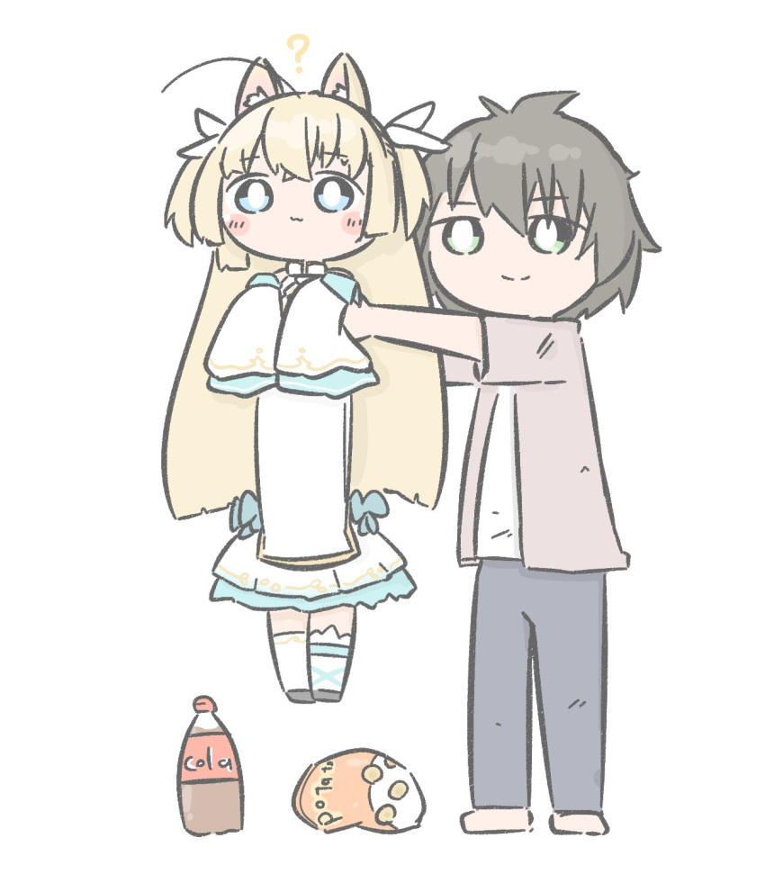 1boy 1girl :3 ? ahoge animal_ear_fluff animal_ears bio_iru black_hair black_thighhighs blonde_hair blue_eyes blunt_ends blush_stickers bright_pupils cat_ears chips_(food) closed_mouth coca-cola commentary crossed_bangs food full_body green_eyes hair_between_eyes highres kemonomimi_mode long_hair longcat_(meme) looking_at_viewer meme miniskirt potato_chips shirayuki_noa short_hair sidelocks simple_background skirt sleeves_past_fingers sleeves_past_wrists smile tanikaze_riku tenshi_souzou_re-boot! thighhighs two_side_up very_long_hair white_background white_pupils white_skirt wide_sleeves