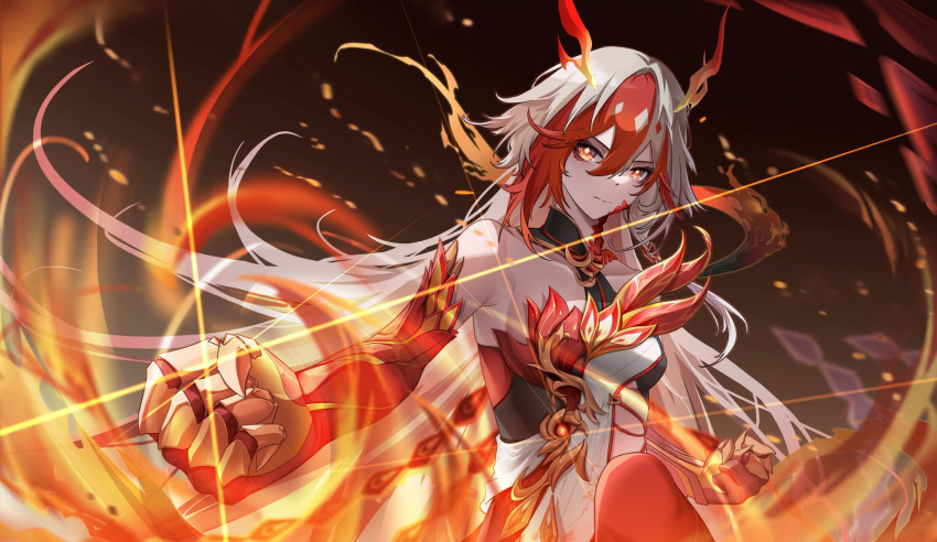 1girl animal_hands bare_shoulders black_sports_bra breasts chinese_clothes claws closed_mouth detached_sleeves egami63978427 elbow_gloves eyeliner fire fu_hua fu_hua_(garuda) gloves hair_between_eyes highres honkai_(series) honkai_impact_3rd long_hair low-tied_long_hair low_twintails makeup medium_breasts multicolored_hair red_eyeliner red_eyes red_gloves red_hair red_rope red_scales rope scales solo sports_bra sportswear streaked_hair symbol-shaped_pupils twintails two-tone_hair upper_body very_long_hair white_hair yellow_pupils