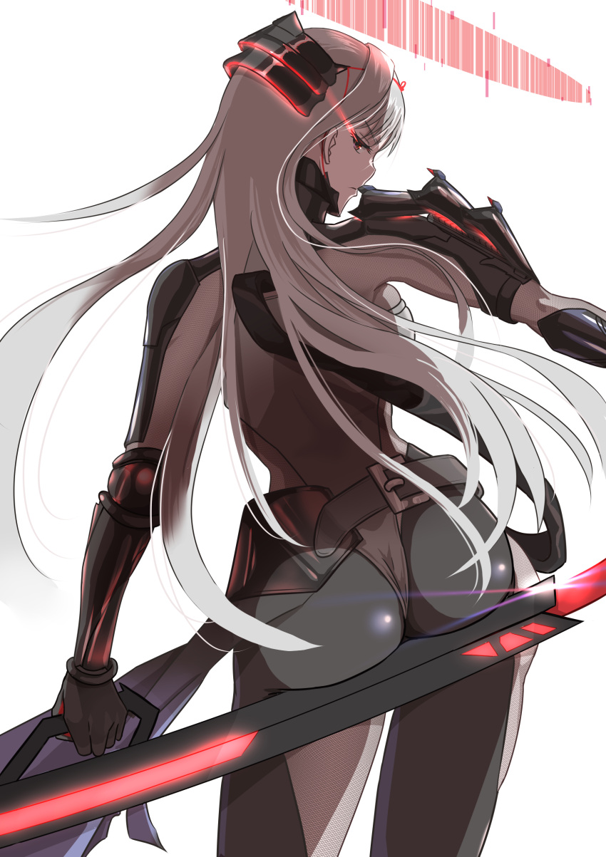 0-pie 1girl absurdres armor ass ass_support bodysuit breasts from_behind gloves goddess_of_victory:_nikke highres huge_ass long_hair looking_at_viewer looking_back medium_breasts red_eyes scarlet_(black_shadow)_(nikke) scarlet_(nikke) skin_tight solo sword very_long_hair weapon white_hair