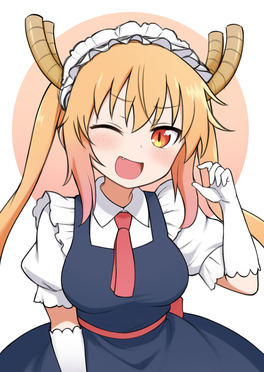 1girl blonde_hair blue_dress breasts chinese_zodiac dragon_girl dragon_horns dress elbow_gloves gloves highres horns kobayashi-san_chi_no_maidragon long_hair looking_at_viewer mikoscrub necktie one_eye_closed orange_eyes pinching_gesture red_necktie shirt solo tohru_(maidragon) white_background white_gloves white_shirt year_of_the_dragon