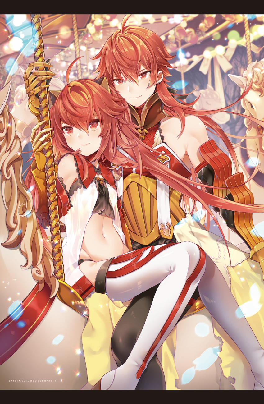 1boy 1girl ahoge babydoll boots breasts carousel closed_mouth detached_sleeves earrings fate/grand_order fate/grand_order_arcade fate_(series) gauntlets groin highres jewelry letterboxed long_hair looking_at_another looking_at_viewer midriff navel orange_eyes orange_hair rama_(fate) satoimo_(3311_mi) sita_(fate) small_breasts smile thigh_boots