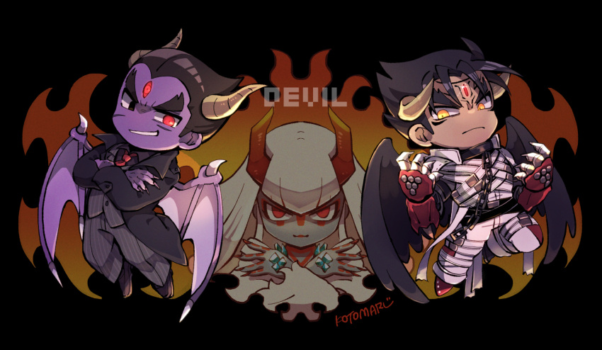 1girl 2boys black_coat black_eyes black_hair black_wings blunt_bangs claws closed_mouth coat crossed_arms devil_jin e3 english_text facial_mark forehead_jewel glint grey_horns grey_jacket grey_pants grin horns jacket kazama_jin kotorai mishima_kazumi_(tekken) mishima_kazuya multiple_boys necktie no_nose orange_horns pants purple_hair purple_wings red_eyes red_necktie scar scar_on_cheek scar_on_face short_hair signature smile tekken wings yellow_eyes