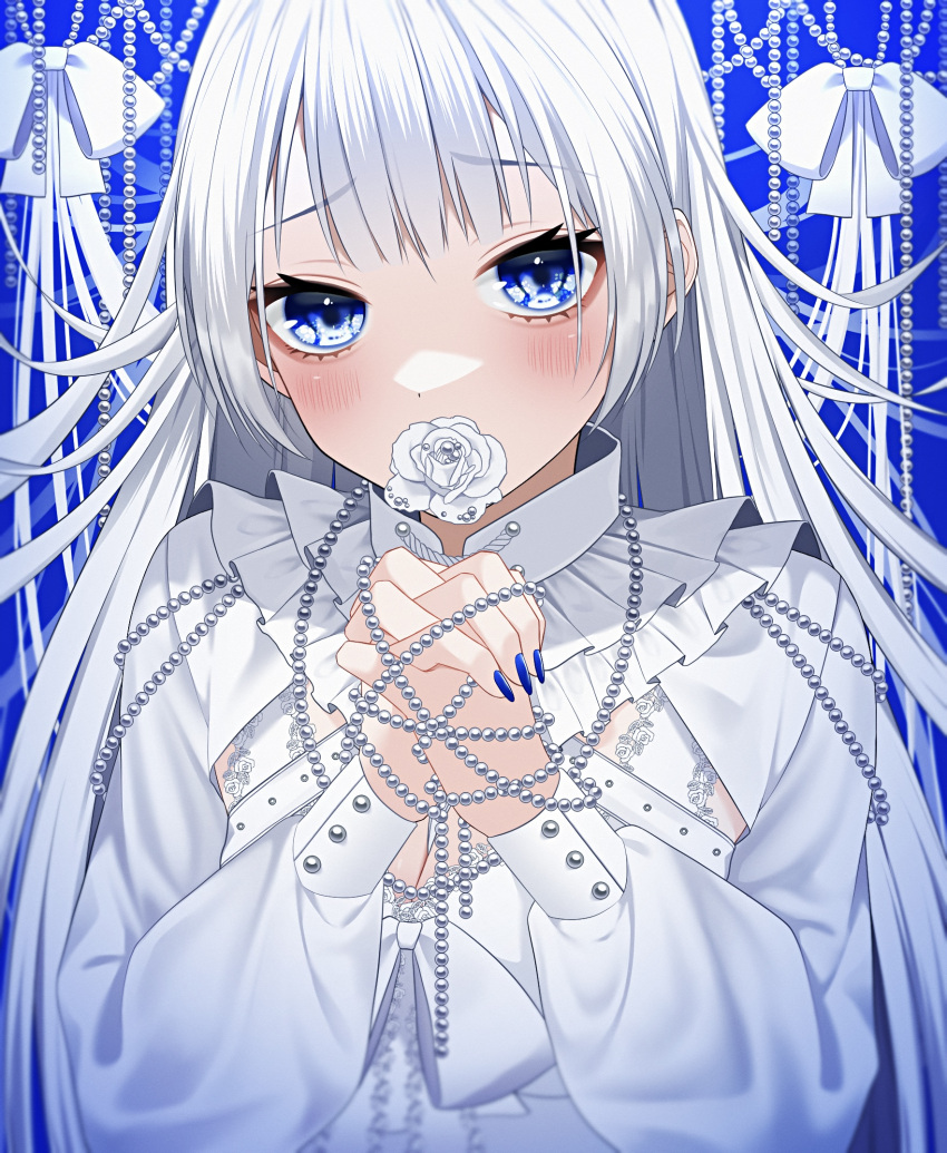 1girl between_breasts blue_background blue_eyes blush breasts cleavage cleavage_cutout clothing_cutout commentary fingernails flower flower_in_mouth frilled_shirt_collar frills gem highres long_fingernails long_hair long_sleeves looking_at_viewer mouth_hold nail_polish original own_hands_clasped own_hands_together pearl_(gemstone) ribbon rose solo symbol-only_commentary upper_body wanko_(yurika0320) white_flower white_hair white_rose