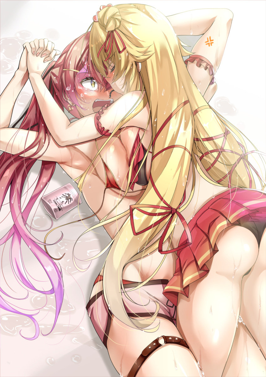 2girls akai_haato arm_scrunchie armpits ass bikini bikini_skirt blonde_hair blush breast_press breasts bug closed_eyes earrings hair_ornament hair_ribbon heart heart_earrings heart_hair_ornament highres holding_hands hololive houshou_marine interlocked_fingers jewelry large_breasts looking_at_another multicolored_hair multiple_girls one_side_up open_mouth pink_hair red_hair ribbon ryuunagi_hyouga scared sideboob spider sweat swimsuit symmetrical_docking tarantula tearing_up thigh_strap tongue two-tone_hair untied untied_bikini virtual_youtuber wavy_mouth wet wet_clothes wrapper yellow_eyes yuri