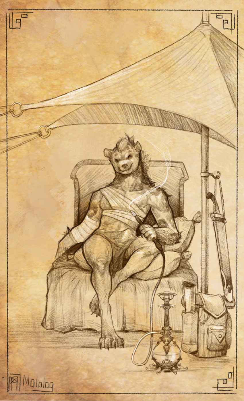 absurd_res anthro backpack bandage bandaged_arm bandaged_chest bottomwear bulge clothing gnoll hi_res hyena loincloth looking_at_viewer lounging male mammal melee_weapon motolog shisha sitting solo sword tent weapon