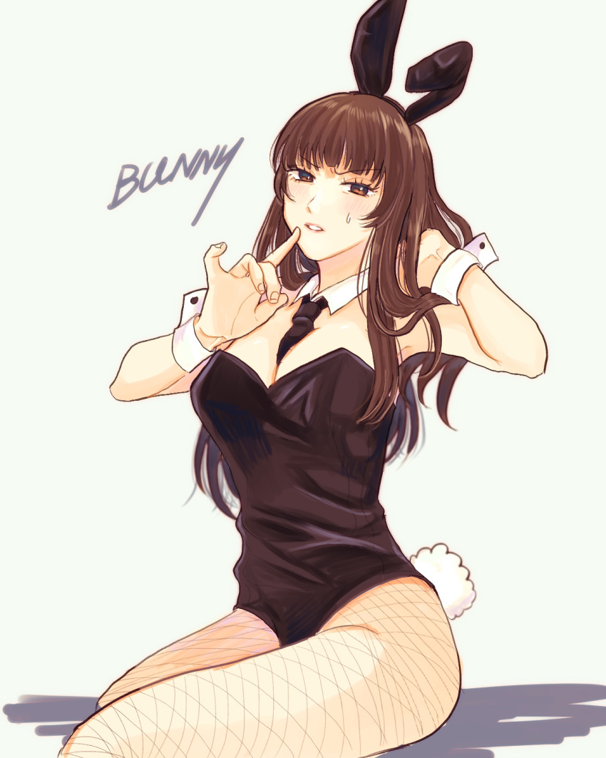 1girl animal_ears arai_ako armpits black_leotard black_necktie brown_eyes brown_hair fake_animal_ears fishnet_pantyhose fishnets girls_und_panzer highres leotard looking_at_viewer necktie nishizumi_shiho pantyhose playboy_bunny sitting solo thighs white_background