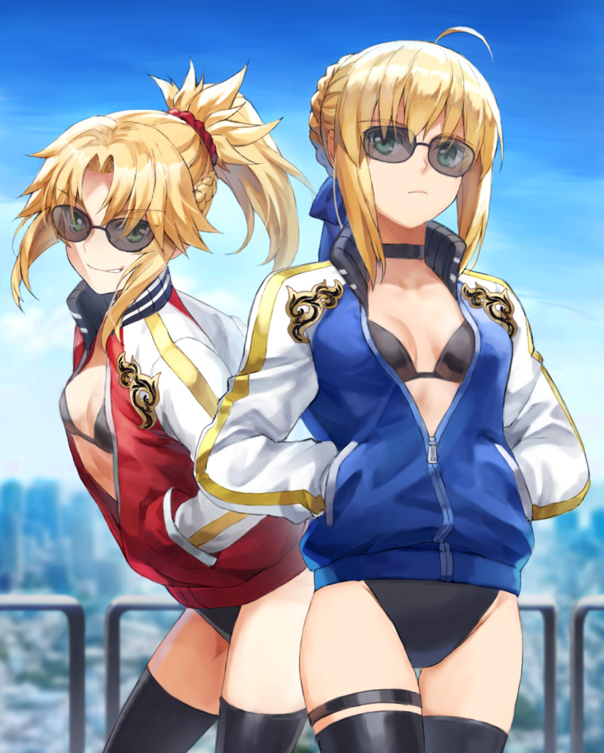 2girls ahoge alternate_costume artoria_pendragon_(fate) blonde_hair blue_ribbon blue_sky braid breasts bubble_blowing chewing_gum choker fate/apocrypha fate/stay_night fate_(series) french_braid green_eyes hair_bun hair_ornament hair_ribbon hair_scrunchie hands_in_pockets highres jacket letterman_jacket long_hair looking_at_viewer mordred_(fate) mordred_(fate/apocrypha) multiple_girls outdoors parted_bangs ponytail ribbon saber_(fate) scrunchie sidelocks single_hair_bun sky small_breasts sunglasses thighhighs thighs tonee variant_set