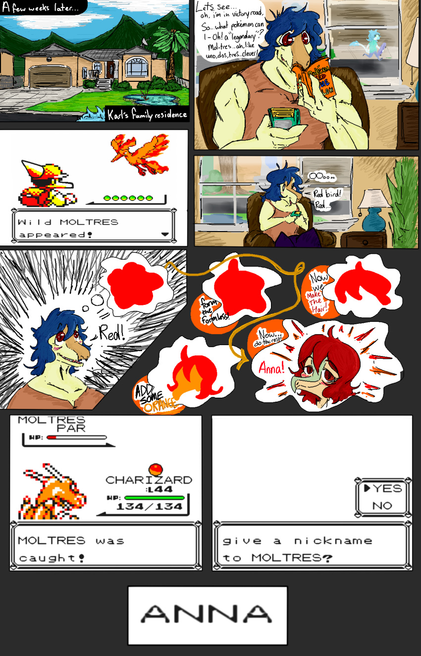 annamaria_(snoot_game) anthro avian blue_hair blush building charizard clothing colored comic compsognathid compsognathus dialogue dinosaur dragon english_text faustanon female furniture game_boy game_boy_family gaming generation_1_pokemon hair hi_res house inside karl_(snoot_game) legendary_pokemon male moltres mountain muscular muscular_anthro muscular_male nintendo outside palm_tree plant playing_videogame pokemon pokemon_(species) pond pupils red_eyes red_hair reptile scales scalie shirt sitting slit_pupils snoot_game snout sofa solo_focus tan_body tan_scales tank_top text theropod topwear tree video_game_reference water