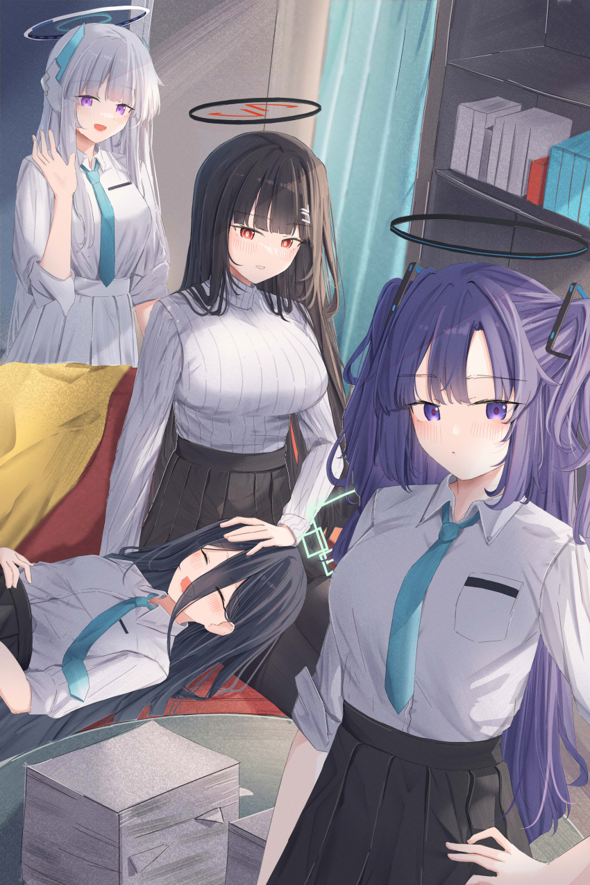 4girls absurdly_long_hair absurdres aris_(blue_archive) black_hair black_skirt blue_archive blue_necktie blush breasts closed_mouth collared_shirt green_halo grey_hair halo highres large_breasts leonardo_566 long_hair mechanical_halo multiple_girls necktie noa_(blue_archive) open_mouth paper pleated_skirt purple_eyes purple_hair red_eyes ribbed_sweater rio_(blue_archive) shirt skirt smile sweater very_long_hair white_shirt white_sweater yuuka_(blue_archive)