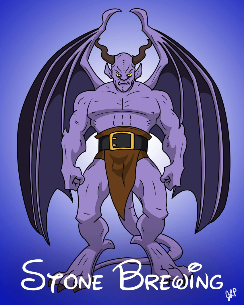 belt bottomwear clothing disney gargoyle gargoyles goliath_(gargoyles) hi_res horn jasonlpiper87 loincloth looking_at_viewer male membrane_(anatomy) membranous_wings muscular solo stone_brewing wings yellow_eyes