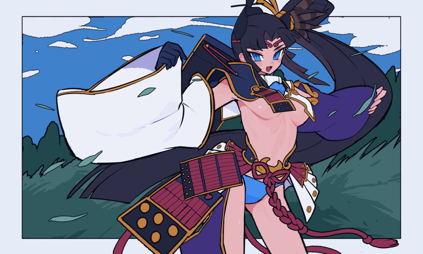 1girl armor black_hair blue_eyes blue_panties blue_sky breast_curtains breasts detached_sleeves fate/grand_order fate_(series) feather_hair_ornament feathers hacco_mayu hair_bun hair_ornament hat highres japanese_armor long_hair looking_at_viewer medium_breasts open_mouth panties parted_bangs side_ponytail sidelocks single_side_bun sky smile solo thighs underwear ushiwakamaru_(fate) very_long_hair wide_sleeves