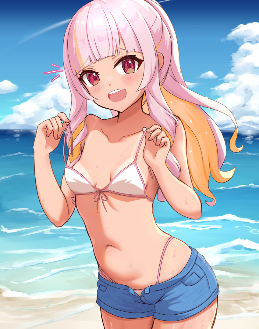 1girl beach bikini bikini_tan blonde_hair blue_shorts blue_sky blunt_bangs blush breasts cloud colored_inner_hair day drill_hair drill_sidelocks front-tie_bikini_top front-tie_top highleg highleg_bikini highres holding holding_clothes holding_swimsuit long_hair looking_at_viewer multicolored_hair navel nijisanji nijisanji_en ocean open_clothes open_shorts outdoors pink_bikini pink_hair red_eyes rosemi_lovelock short_shorts shorts sidelocks sky small_breasts solo stomach streaked_hair string_bikini swimsuit tan tanlines telomere untied_bikini virtual_youtuber water