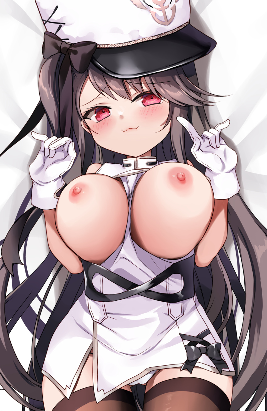 1girl :3 azur_lane bare_shoulders between_breasts black_ribbon blush breasts breasts_out breasts_squeezed_together brown_hair clothes_between_breasts clothing_aside curly_hair dress dress_aside gloves hair_over_one_eye hair_ribbon hands_up hat highres hip_focus large_breasts long_hair looking_at_viewer nipples no_bra pamiat_merkuria_(azur_lane) panties pink_eyes pointing pointing_at_self red_eyes ribbon short_dress side_ponytail solo tatara_maguro thighs underwear upskirt very_long_hair w_arms white_dress white_gloves white_panties