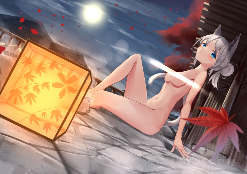 1girl absurdres akinakesu-chan animal_ears autumn_leaves bangs blue_eyes blush breasts closed_mouth cloud commentary_request dutch_angle eyebrows_visible_through_hair full_moon grey_hair hair_bun highres lantern light_censor long_hair medium_breasts moon navel night night_sky nude onsen original outdoors petals sitting sky smile solo tail