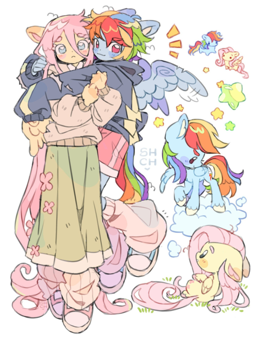 2girls animal_ears artist_name blue_eyes cloud dress fluttershy highres hug jacket leg_warmers long_hair looking_at_viewer multicolored_hair multiple_girls my_little_pony my_little_pony:_friendship_is_magic pink_eyes pony_(animal) rainbow_dash sharpycharot shorts sweater transformation wings