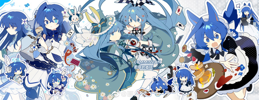 &gt;_&lt; 6+girls ^^^ absurdres ahoge angel_wings animal animal_ears apron aqua_bow aqua_dress aqua_sleeves bare_shoulders black_bow black_bowtie black_dress black_footwear black_sleeves blue_bow blue_bowtie blue_collar blue_eyes blue_footwear blue_hair blue_halo blue_shawl blue_skirt blunt_bangs blush_stickers bow bow_legwear bowtie braid card checkered_bow checkered_bowtie checkered_clothes chibi chinese_commentary closed_mouth clothed_animal clothes_lift clothing_cutout collar collared_dress commentary_request commission cowboy_shot crown_braid cup dress dress_lift falling feet_out_of_frame floating_card floating_hair floral_print flower flower_dress flower_in_eye flute food fox_ears fox_tail frilled_apron frilled_dress frilled_sleeves frills frown fruit full_body hair_bow hair_flower hair_ornament halo head_wings heterochromia high_collar highres holding holding_cup holding_instrument holding_menu holding_saucer huasha huge_ahoge instrument kneehighs long_dress long_hair long_sleeves looking_at_viewer low_twintails lying maid maid_headdress menu miniskirt mismatched_pupils multiple_girls multiple_views music on_stomach open_mouth original outline pancake plate playing_card playing_instrument pleated_skirt puffy_long_sleeves puffy_sleeves rabbit saucer shawl shoes short_dress short_twintails shoulder_cutout skirt sleeveless sleeveless_dress socks speech_bubble spoken_sweatdrop strawberry striped striped_bow striped_dress sweatdrop symbol_in_eye tail tea teacup teaspoon thighhighs tray trumpet twintails two-tone_bow two-tone_bowtie uwabaki v-shaped_eyebrows vertical-striped_dress vertical_stripes very_long_hair watermark wavy_mouth weibo_logo weibo_username white_apron white_background white_bow white_bowtie white_dress white_flower white_headdress white_outline white_skirt white_sleeves white_socks white_thighhighs white_veil wings