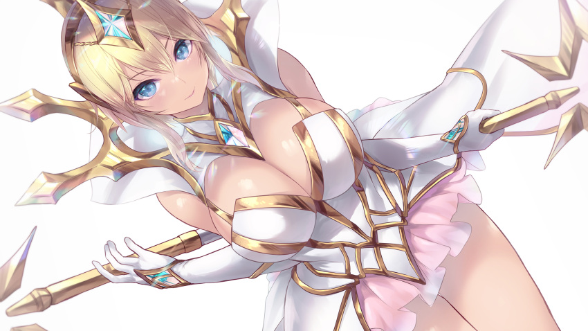 1girl bangs blonde_hair blue_eyes breasts cait_aron cleavage cowboy_shot dress elbow_gloves elementalist_lux gem glint gloves hair_between_eyes highres holding holding_weapon large_breasts league_of_legends light_elementalist_lux looking_at_viewer lux_(league_of_legends) miniskirt pink_skirt reward_available short_hair sidelocks simple_background skirt sleeveless smile solo staff weapon white_background white_dress white_gloves