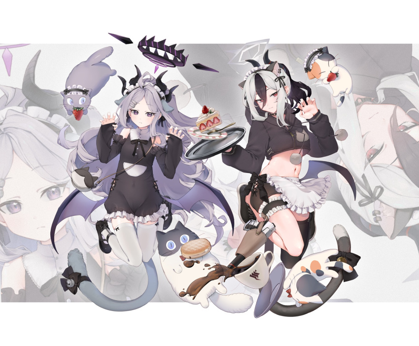 2girls alternate_costume apron black_dress black_hair blue_archive cat commentary_request demon_girl demon_horns demon_wings dress enmaided forehead hair_between_eyes halo highres hina_(blue_archive) horns kayoko_(blue_archive) long_hair long_sleeves looking_at_viewer maid maid_apron maid_headdress mary_janes multicolored_hair multiple_girls navel okurahokori parted_bangs parted_lips paw_pose ponytail purple_eyes red_eyes shoes sidelocks simple_background single_wing stomach thighhighs two-tone_hair wavy_hair white_hair white_thighhighs wings zettai_ryouiki zoom_layer