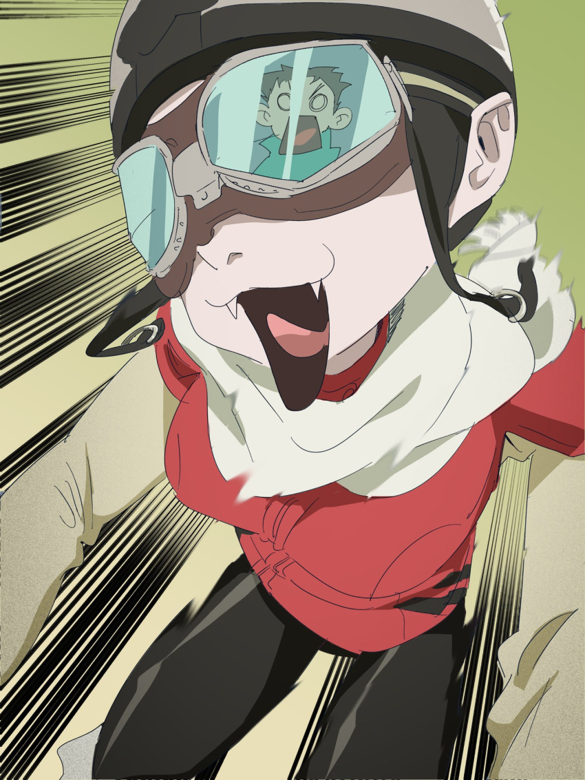 1boy 1girl black_pants breasts fangs flcl goggles haruhara_haruko helmet highres nandaba_naota open_mouth pants pink_punk_ponk reflection retro_artstyle tongue