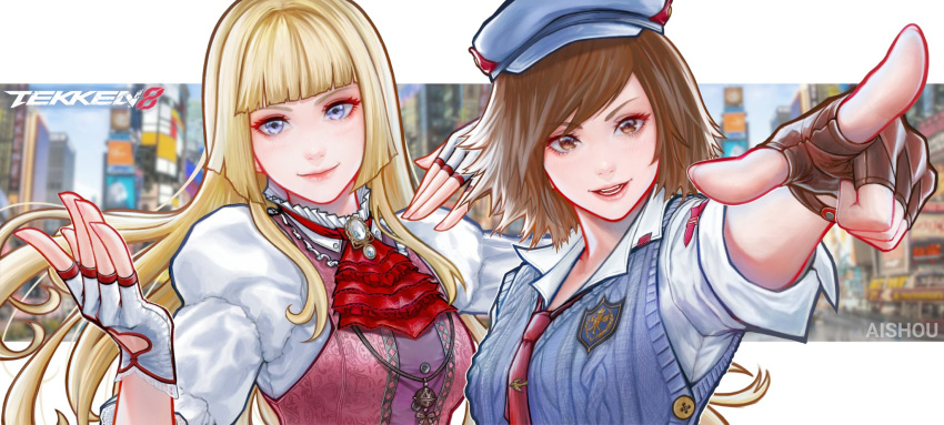 2girls ai_shou artist_name blonde_hair blue_eyes blue_headwear border breasts brown_eyes brown_hair character_request city cityscape cleavage commentary english_commentary fingerless_gloves gloves highres jewelry kazama_asuka lili_(tekken) long_hair looking_at_viewer medium_breasts multiple_girls necklace pointing pointing_at_viewer red_tie short_hair short_sleeves smile tekken tekken_8 white_border white_gloves