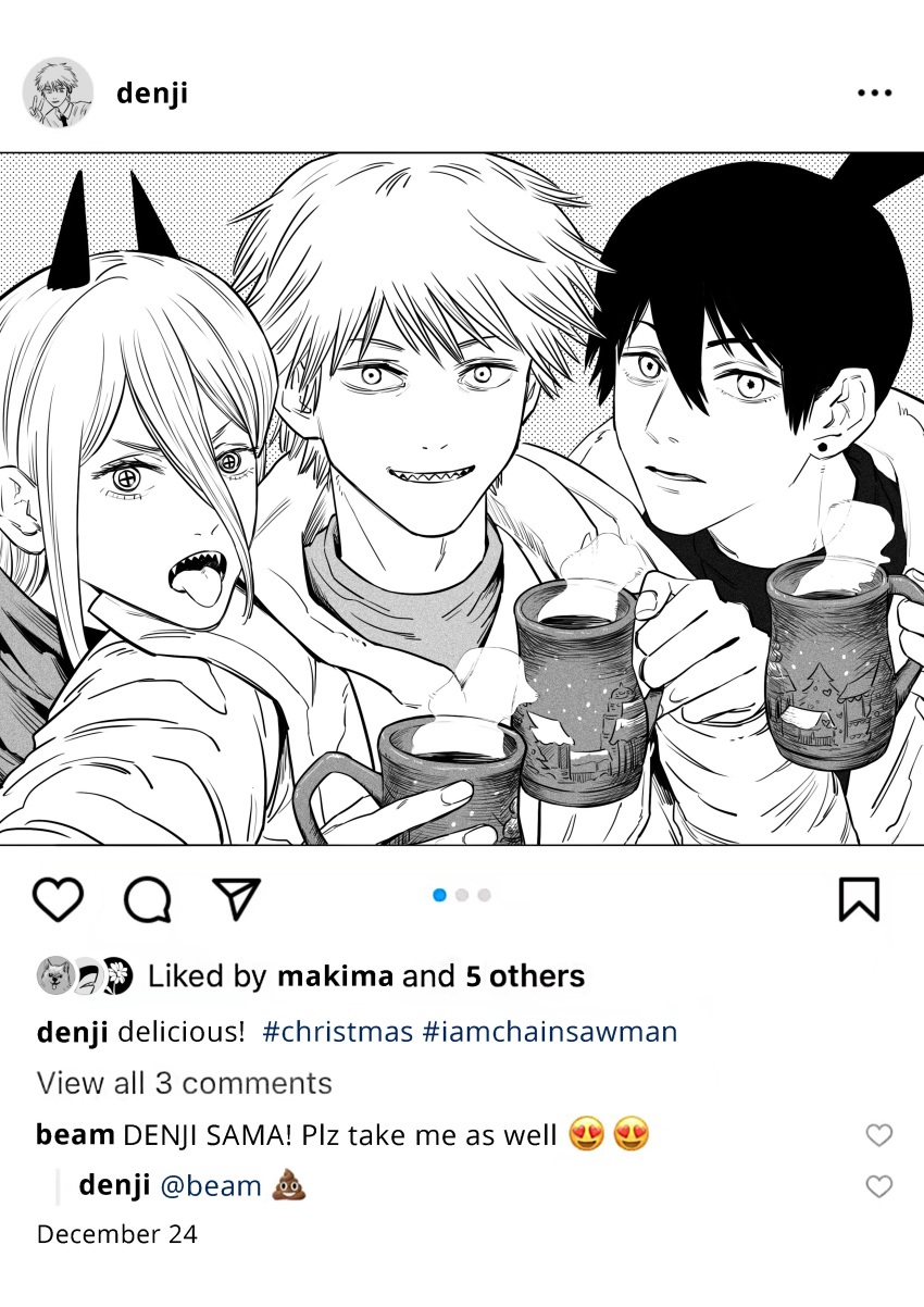 1girl 2boys absurdres anachronism chainsaw_man chinese_commentary commentary_request cup denji_(chainsaw_man) earrings emoji english_text fake_screenshot fangs frown greyscale hayakawa_aki highres holding holding_cup hood hoodie horns instagram jewelry kiunchiku monochrome mug multiple_boys poop_emoji power_(chainsaw_man) selfie sharp_teeth smile steam stud_earrings teeth tongue topknot v-shaped_eyebrows