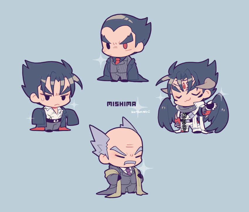 4boys :&lt; :3 balding belt black_belt black_eyes black_hair black_shirt black_wings chain character_name chibi closed_mouth devil_jin facial_hair facial_mark family forehead_jewel gloves grey_facial_hair grey_hair grey_jacket grey_pants jacket kazama_jin kotorai male_focus mishima_heihachi mishima_kazuya multiple_boys mustache necktie no_nose pants purple_necktie red_eyes red_gloves shirt signature sleeves_past_fingers sleeves_past_wrists tekken thick_eyebrows v-shaped_eyebrows white_shirt wings