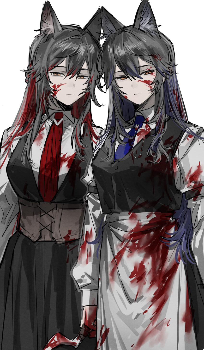 2girls absurdres alternate_costume animal_ear_fluff animal_ears apron arknights black_dress black_hair black_vest blood blood_on_clothes blood_on_face blue_necktie breasts chinese_commentary collared_shirt colored_inner_hair commentary_request cowboy_shot dress dual_persona glaring half-closed_eyes highres holding jsjdndhidnshssj long_sleeves looking_at_viewer looking_down medium_breasts multicolored_hair multiple_girls necktie object_request red_hair red_necktie shirt simple_background texas_(arknights) texas_the_omertosa_(arknights) vest waist_apron white_apron white_background white_shirt wolf_ears wolf_girl yellow_eyes