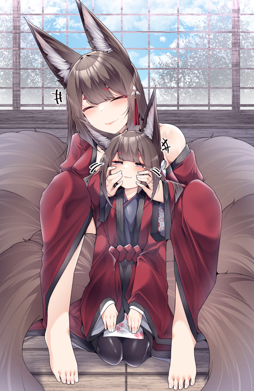 2girls absurdres amagi-chan_(azur_lane) amagi_(azur_lane) animal_ears azur_lane bare_legs bare_shoulders between_legs black_pantyhose blush brown_hair closed_eyes day eyeshadow facing_down flower fox_ears fox_girl fox_tail full_body hair_between_eyes hair_flower hair_ornament hairpin half-closed_eyes hands_on_another's_cheeks hands_on_another's_face happy highres hug hug_from_behind indoors japanese_clothes kimono kitsune kneeling knees_up long_hair looking_up makeup mother_and_daughter multiple_girls multiple_tails off_shoulder on_floor pantyhose purple_eyes red_eyeshadow red_kimono sakura_empire_(emblem) samip single_bare_shoulder sitting slit_pupils smile squishing tail thighhighs very_long_hair white_flower