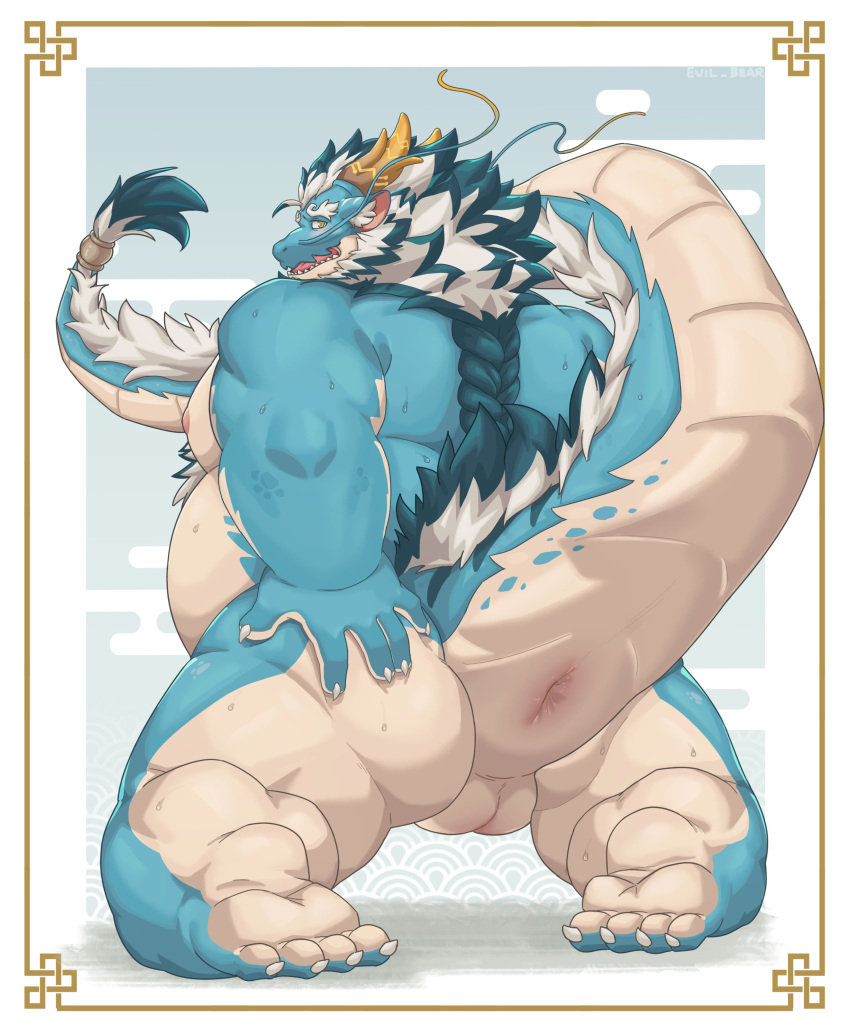 absurd_res anthro anus backsack balls blue_body butt dragon evilbear2 eyebrows facial_hair food fruit genitals hi_res kneeling lifewonders looking_back male mature_male nude overweight peach_(fruit) plant presenting presenting_anus qinglong solo tail thick_eyebrows thick_tail tokyo_afterschool_summoners