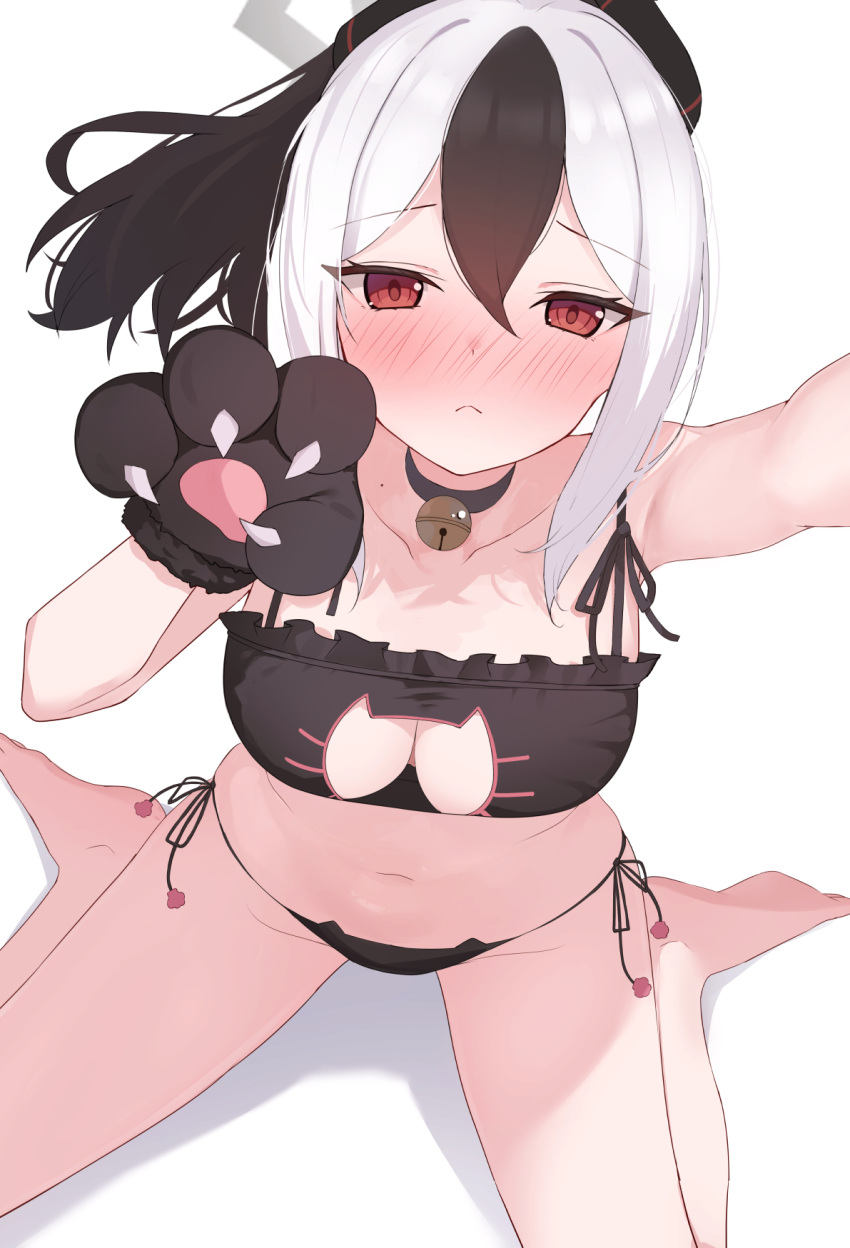 1girl alternate_costume animal_hands bare_legs barefoot bell bikini bitseon black_bikini black_choker black_hair blue_archive blush cat_cutout choker claws clothing_cutout collarbone commission gloves halo highres kayoko_(blue_archive) looking_at_viewer looking_up navel neck_bell nose_blush paw_gloves pixiv_commission red_eyes side-tie_bikini_bottom sitting solo stomach swimsuit wariza white_hair