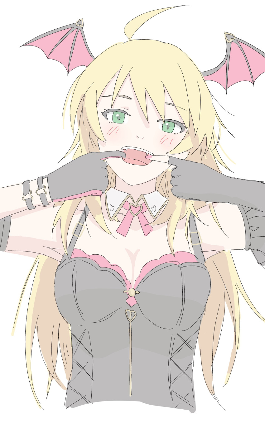 1girl absurdres ahoge armpits asymmetrical_gloves black_bustier black_gloves black_sleeves blonde_hair blush breasts brooch cleavage cropped_torso demon_wings detached_collar detached_sleeves elbow_gloves epitaph_(1122) fangs finger_in_own_mouth fingerless_gloves fingernails flat_color frilled_sleeves frills gloves green_eyes head_wings heart heart_brooch heart_o-ring highres hoshii_miki idolmaster jewelry long_hair looking_at_viewer mismatched_gloves mouth_pull nail_polish neck_ribbon o-ring_arm_strap open_mouth pale_color pink_nails pink_ribbon ribbon simple_background solo straight-on uneven_gloves upper_body white_background wings
