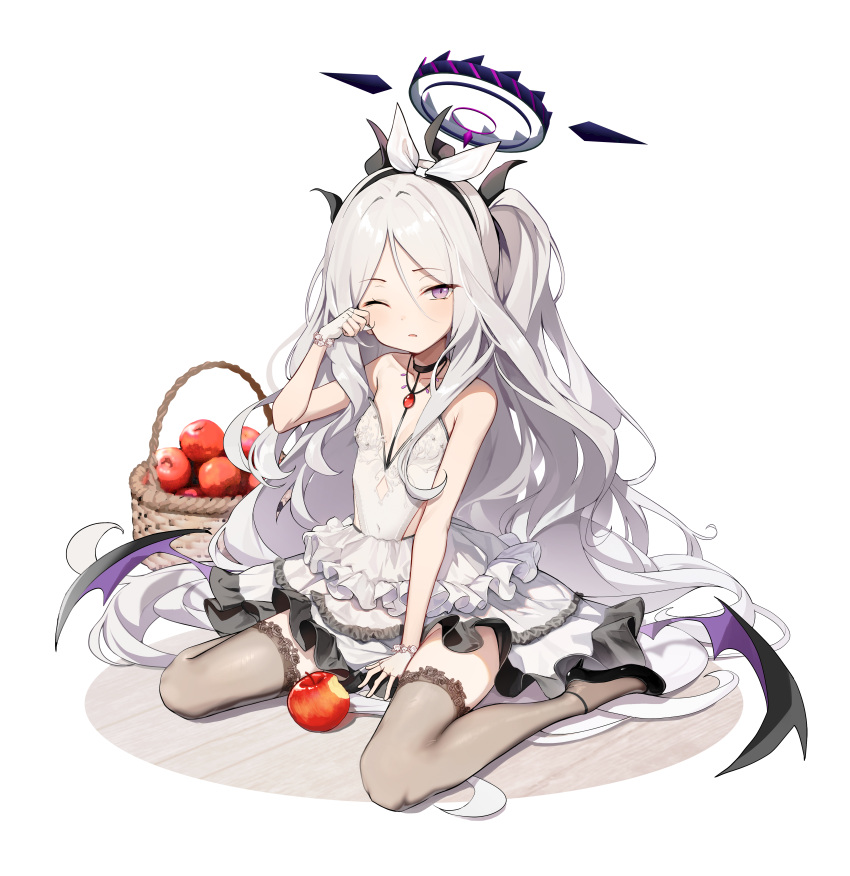 1girl absurdres apple basket black_horns black_thighhighs blue_archive dampi demon_girl demon_horns demon_wings dress english_commentary fingerless_gloves food fruit gloves hair_ornament hair_ribbon halo high_heels highres hina_(blue_archive) horns long_hair low_wings multiple_horns one_eye_closed purple_eyes red_apple ribbon simple_background sitting solo thighhighs wariza white_background white_dress white_gloves white_hair wings