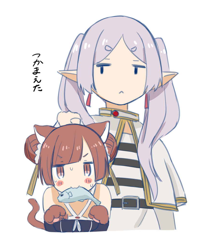 2girls :&lt; :3 animal_ears animal_hands bare_shoulders belt capelet cat_ears cat_girl cat_paws cat_tail caught closed_mouth double_bun earrings elf fish food_theft frieren grabbing grey_hair hair_bun hair_over_shoulder halterneck hand_up hands_up highres jewelry kemonomimi_mode laufen_(sousou_no_frieren) long_hair long_sleeves looking_at_another looking_at_viewer mouth_hold multiple_girls pointy_ears retsumaru shirt simple_background skirt slit_pupils sousou_no_frieren striped_clothes striped_shirt sweat tail theft twintails updo white_background white_capelet white_skirt