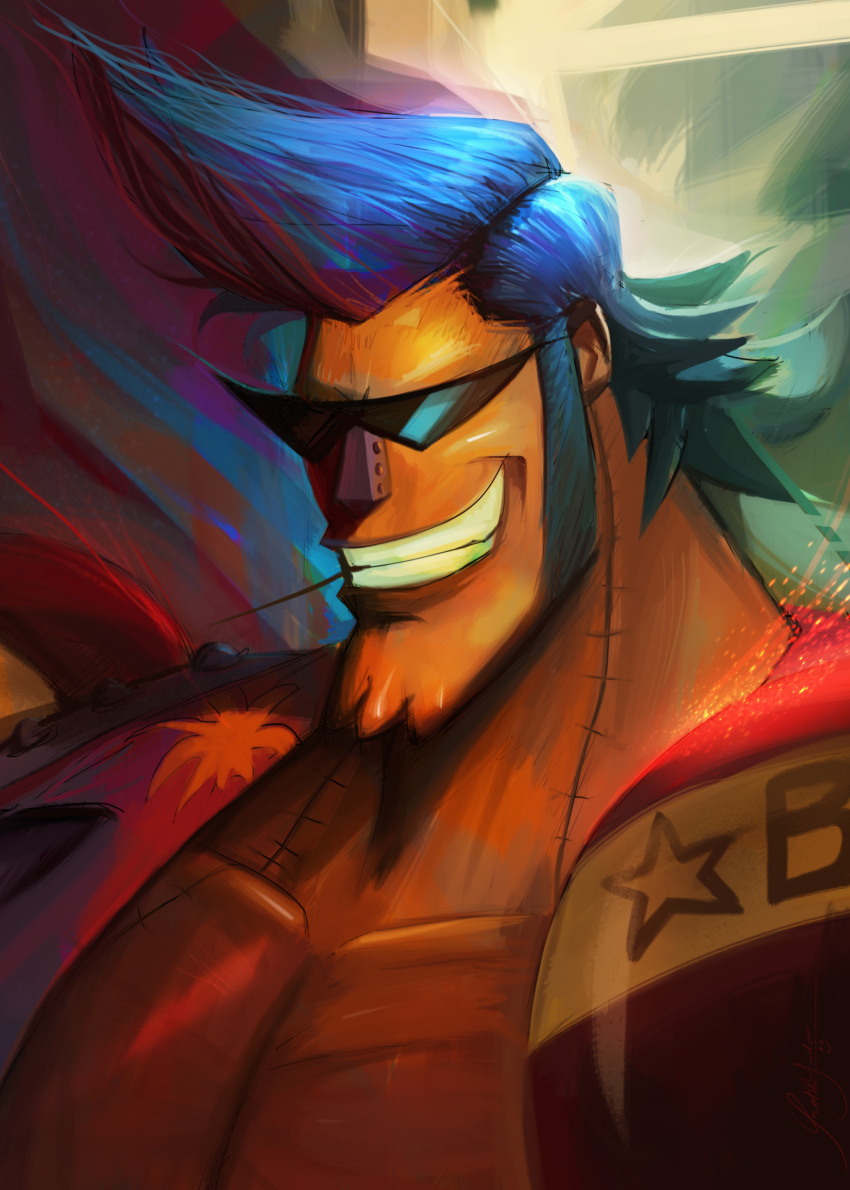 1boy blue_hair clenched_teeth collarbone commentary cyborg english_commentary franky_(one_piece) highres long_sideburns male_focus mouth_hold one_piece short_hair sideburns sixsage smile solo spiked_hair sunglasses teeth toothpick