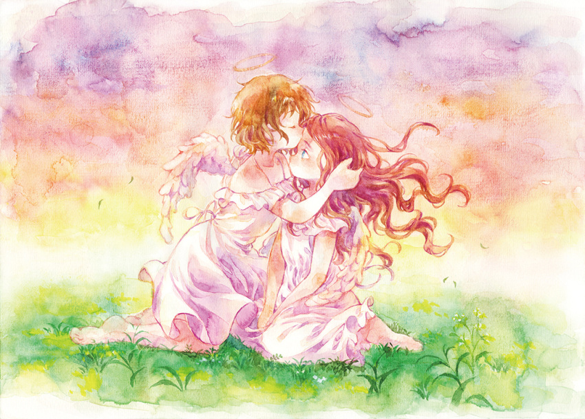 2girls angel bare_shoulders barefoot blue_eyes brown_hair closed_eyes closed_mouth collarbone dress falling_leaves feathered_wings grass halo hand_on_another's_head hand_up kiss kissing_forehead leaf long_hair looking_at_another moekon multicolored_sky multiple_girls original outdoors painting_(medium) plant profile purple_dress red_hair short_hair sky strapless strapless_dress traditional_media two-tone_dress watercolor_(medium) white_dress white_wings wings yuri