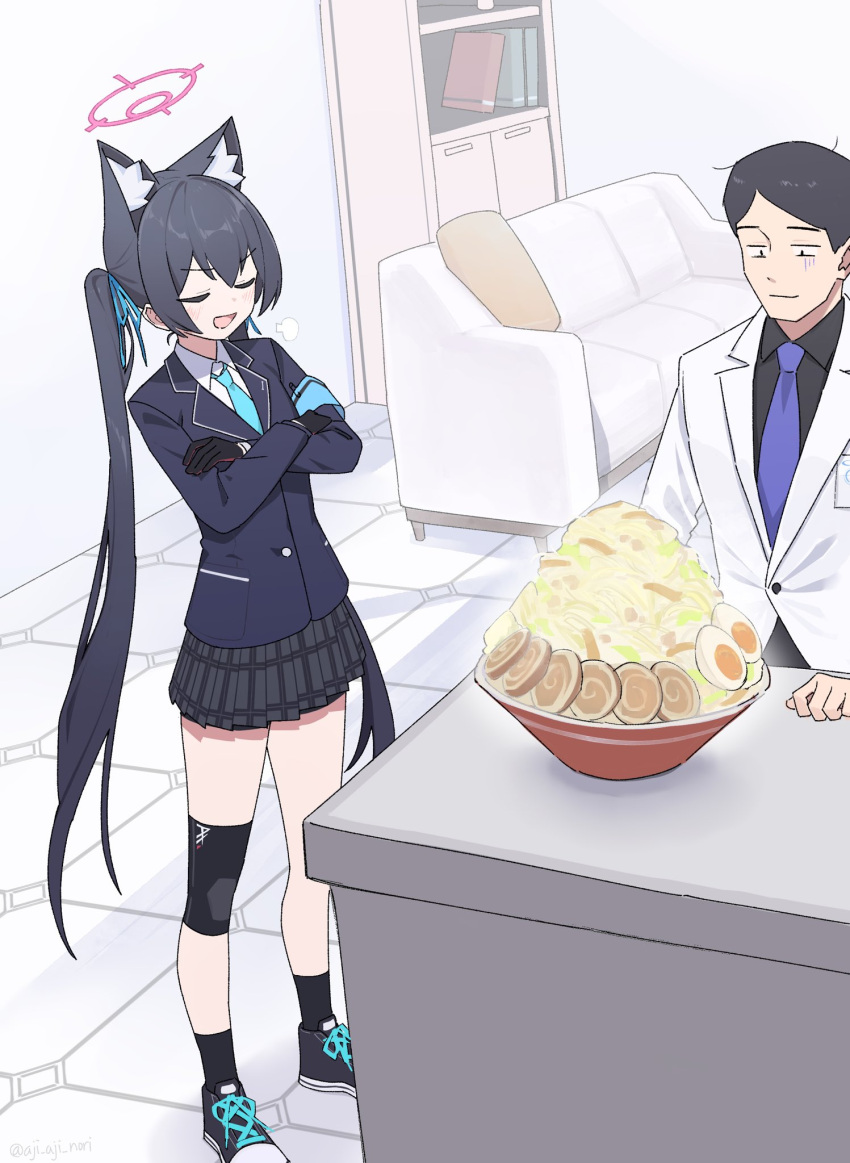 1boy 1girl aji_aji_nori animal_ear_fluff animal_ears black_hair black_jacket black_shirt black_socks blazer blue_archive bowl cat_ears closed_eyes crossed_arms extra_ears food halo highres indoors jacket jirou_(ramen) long_hair long_sleeves noodles open_mouth plaid plaid_skirt pleated_skirt pork ramen school_uniform sensei_(blue_archive) serika_(blue_archive) shirt skirt socks suit twintails white_jacket