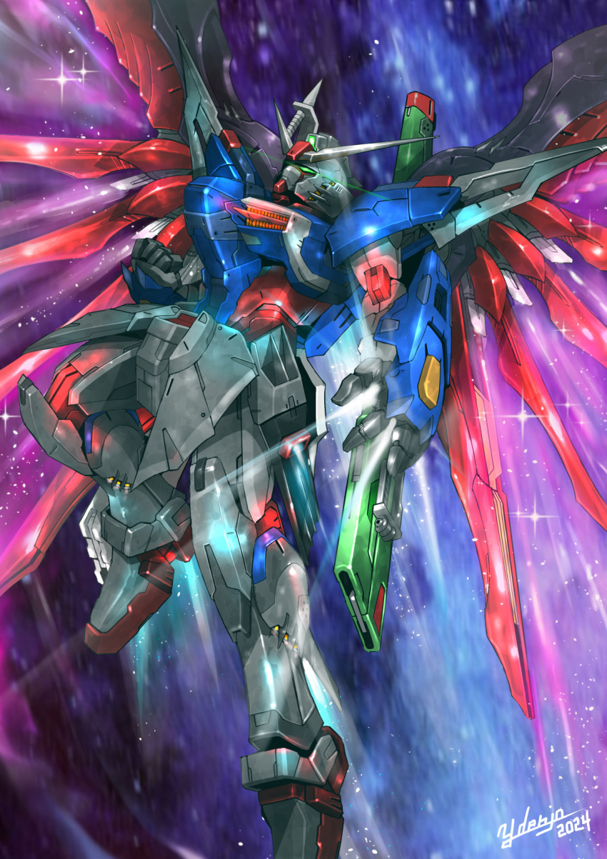 commentary denjyou23 destiny_gundam_spec_ii energy_wings green_eyes gundam gundam_seed gundam_seed_freedom highres light_particles mecha mobile_suit no_humans robot science_fiction signature solo sparkle v-fin