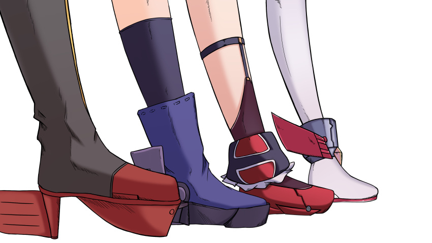 absurdres araki_hirohiko_(style) ayanami_(azur_lane) azur_lane black_footwear black_socks blue_footwear boots brown_socks feet foot_focus highres javelin_(azur_lane) jojo_no_kimyou_na_bouken laffey_(azur_lane) red_footwear rock_zinc rudder_footwear shoes simple_background socks standing thighhighs white_background white_thighhighs z23_(azur_lane)